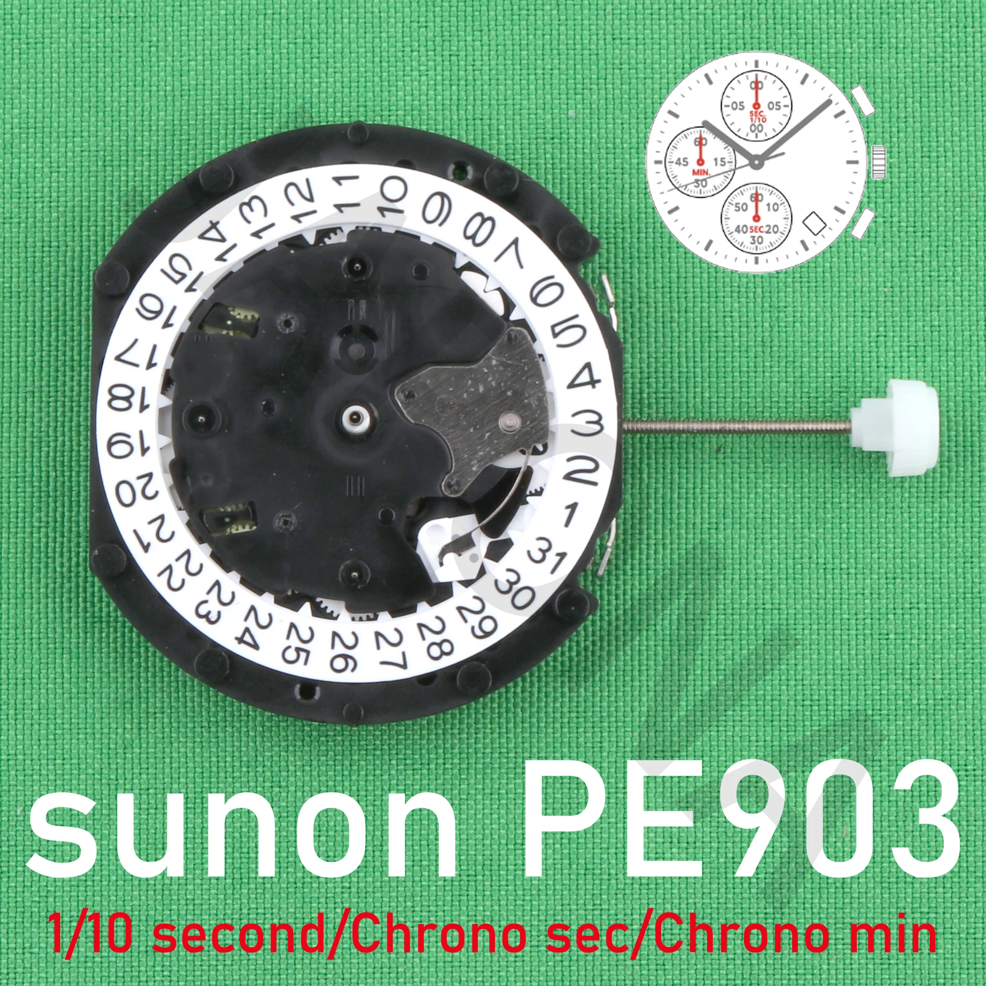 PE903 movement sunon PE90 chiny Ligne kwarc trzy ręce z 3 oczami i datą mały chronograf drugi i minuta, 1/10 sekundy pe903-3