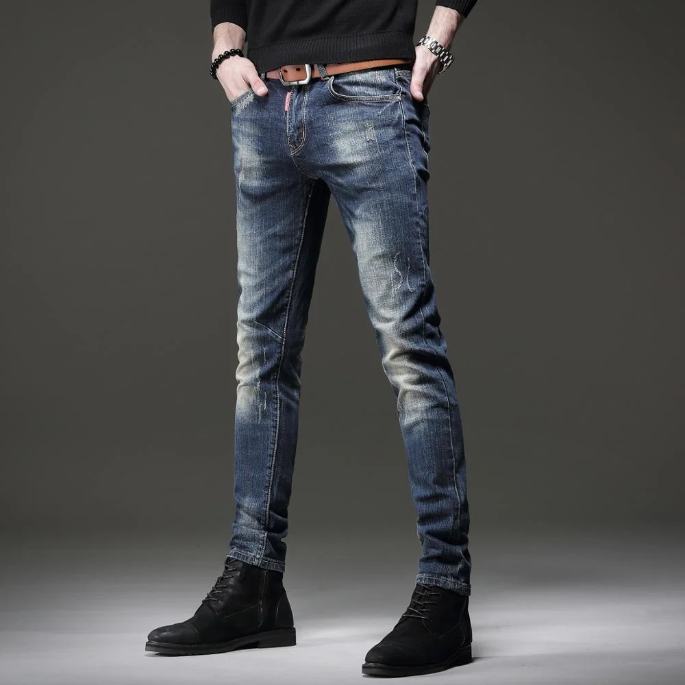 

New Men's Autumn Vintage Blue Stretch Jeans Casual Cotton Slim Fit Denim Pants