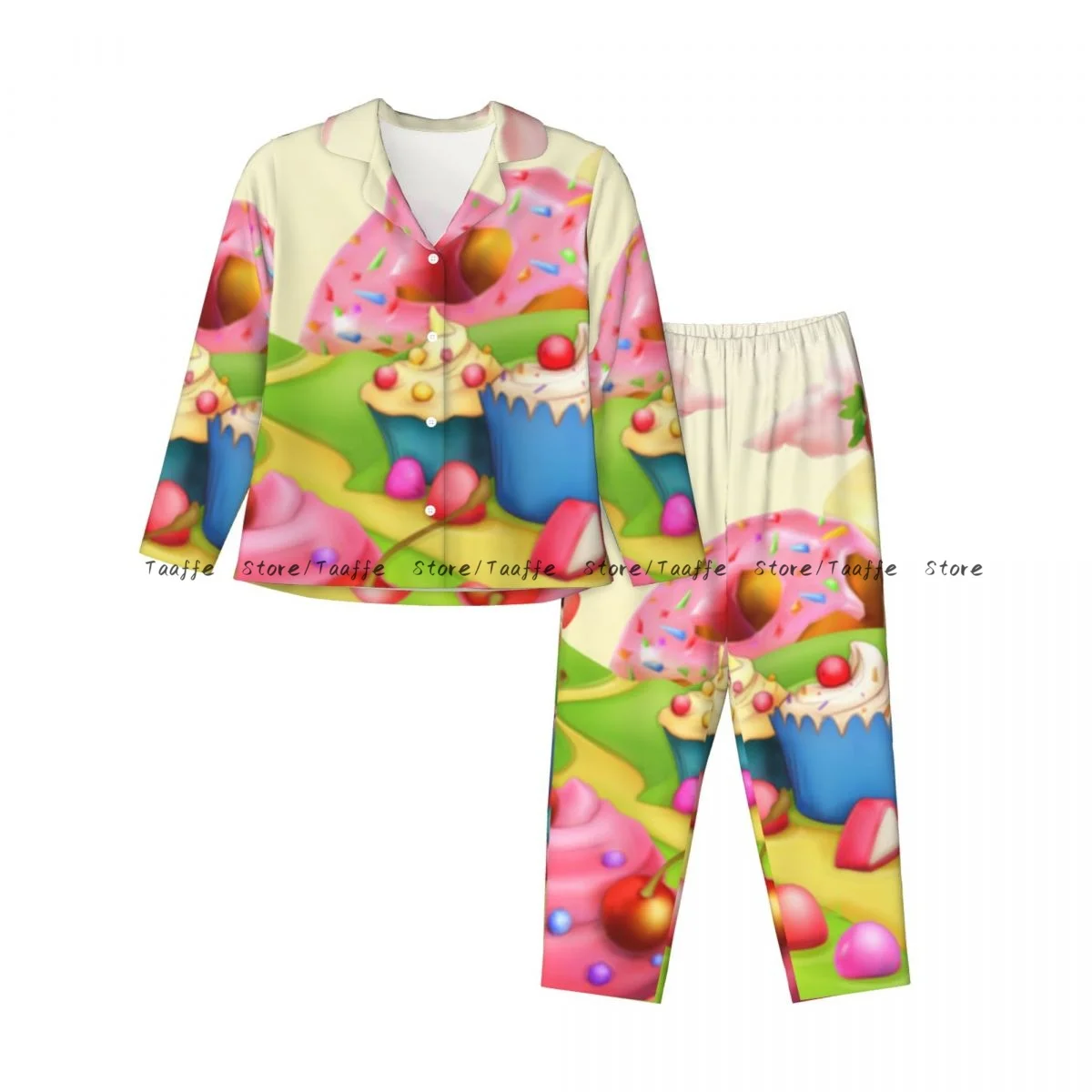 Women's Pajamas Girl Loungewear Two-piece Set Yummy Donuts Land Cupcakes Ice Cream Candy Clouds Print Pajamas for Autumn Spring