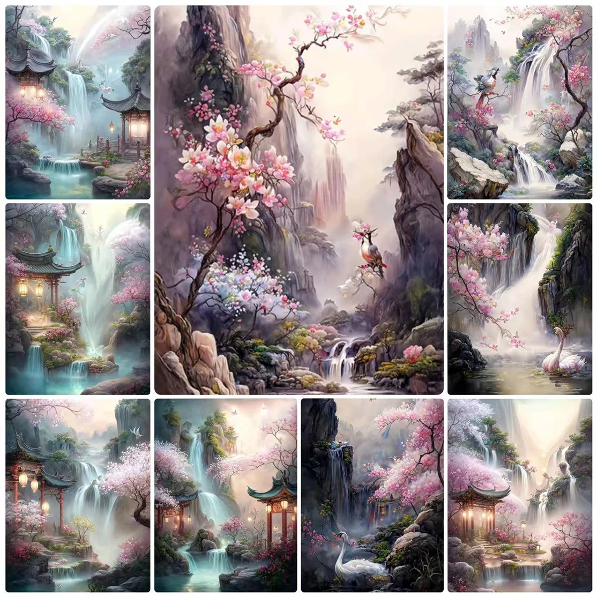 Cherry Blossom Diamond Painting Sakura Diamond Mosaic DIY Cross Stitch Kits Embroidery Landscape Waterfall Diamond Art Home Deco