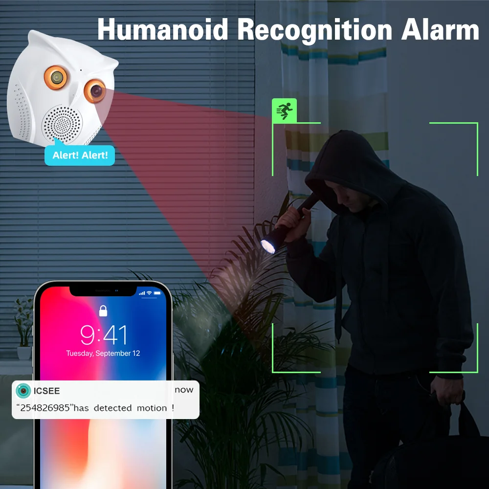 ICSEE WiFi Camera Owl Shape 2K 5MP Smart Home Mini Indoor Baby Moniton Detection Night Vision Two Way Audio Surveillance Cameras - Image 2