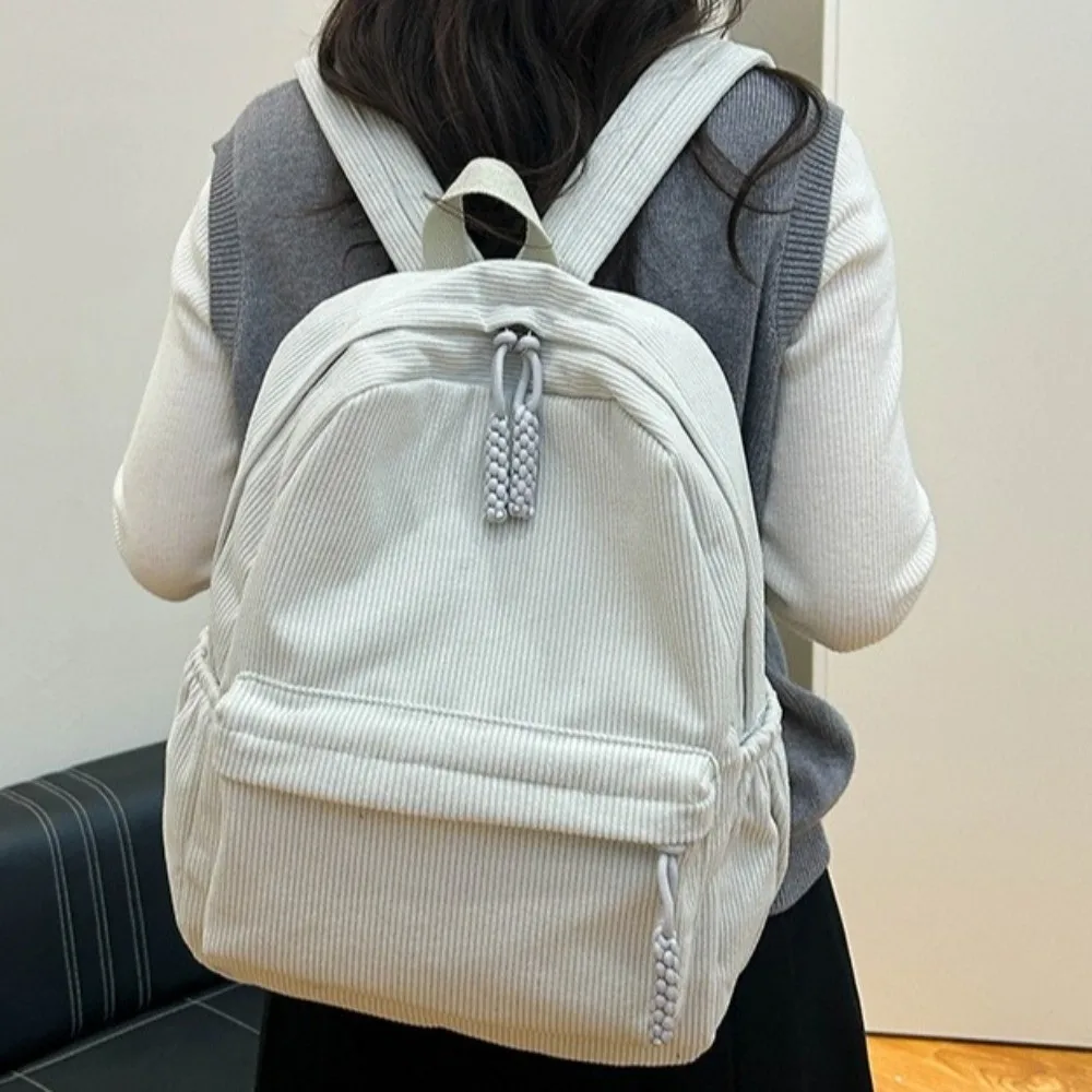 Lightweight Corduroy Backpack Solid Color Japanese Style Students School Bag Portable Adjustable Shoulder Straps