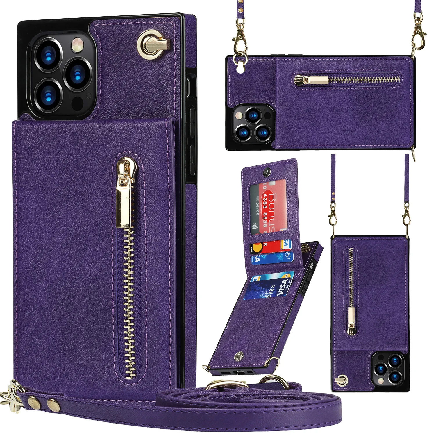 

Leather Case for iPhone 15 Series, Long Shoulder Strap 5 Slot Card Holder Wallet Cover with Stand Crossbody Phone Case