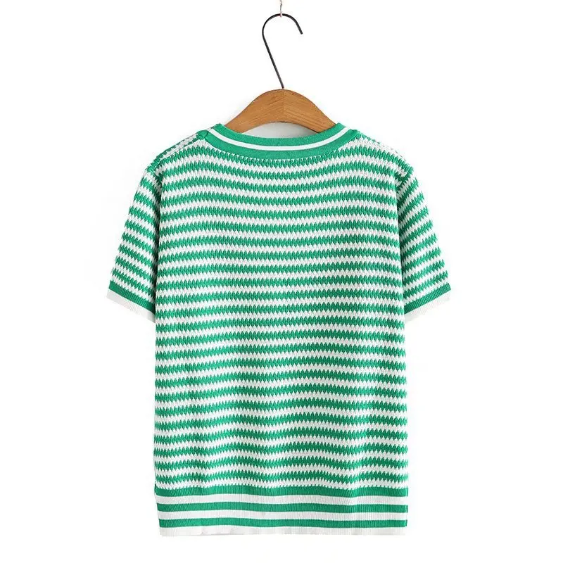 New 2022 Summer Plus Size Tops For Women Large Size Short Sleeve Slim Elastic Green Stripe V-neck Knit Shirt 2XL 3XL 4XL 5XL