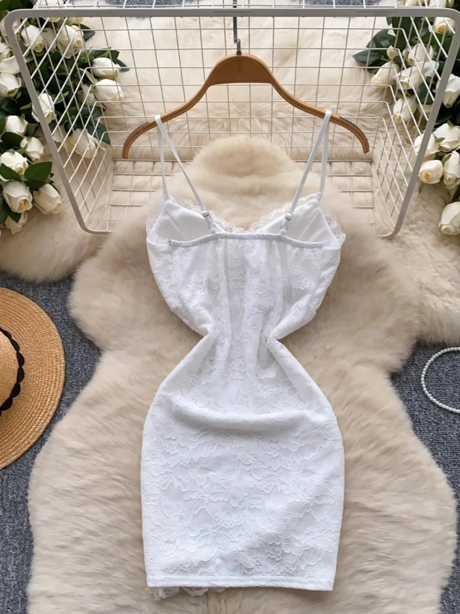 Foamlina Pure Lust Sexy Suspender Strap Dress Muse Fan Tight Skinny Classy Chic Fashion White Black Split Bodycon Lace Dresses