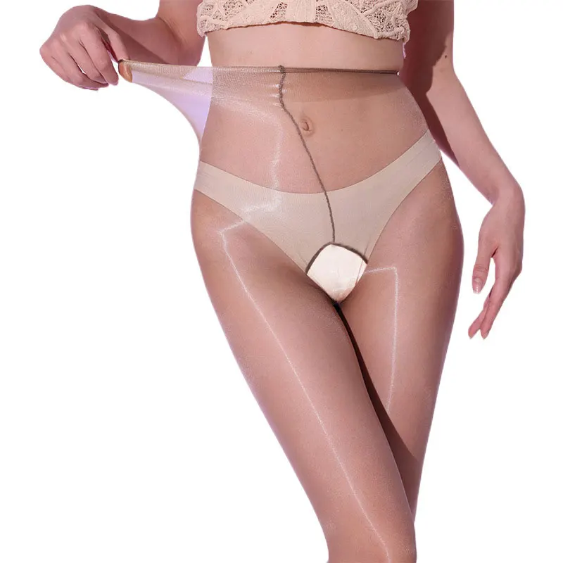 3D Open Crotch Ultra-thin Oil Shiny Tights Stocking Women High Waist Silk Sexy Glossy Transparent One Line Pantyhose