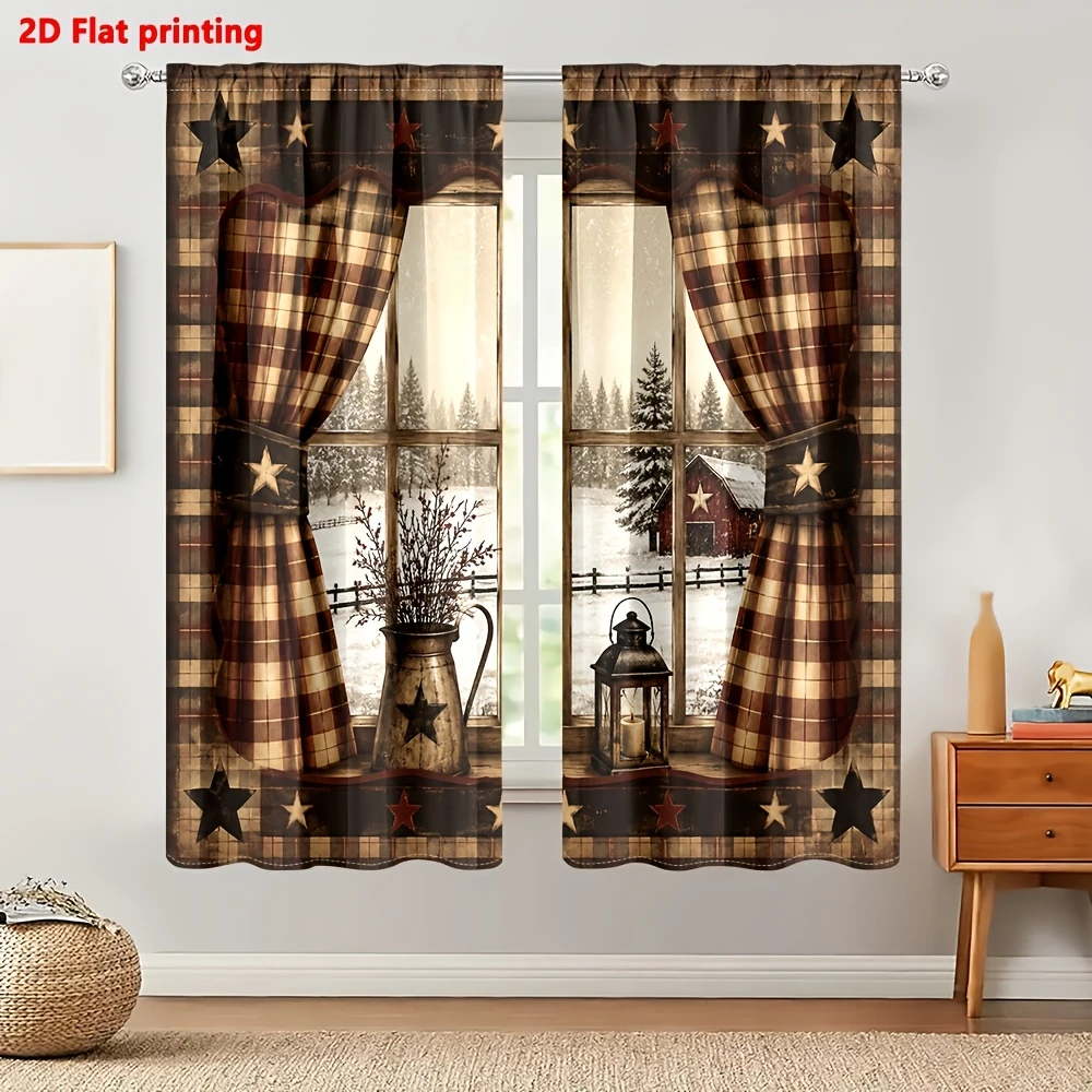 Rustic Farmhouse Plaid Snowy Barn Curtains, Rod Pocket, Polyester, Home Decor, Bedroom Living Room, Country Style Decor