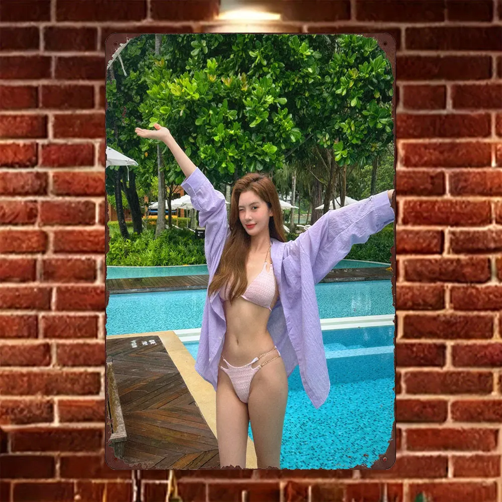 HD Tin Sign Vintage Asian Girl in Pink Bikini & Purple Shirt at Poolside Metal Wall Art Retro Decor for Home Bar Cafe