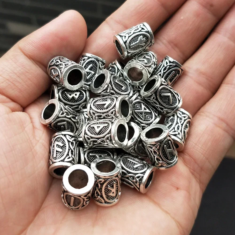 24pcs Viking Rune Bead Metal Tubes Hair Braid Beard Dreadlock Beads Spacer Knife Beads Rings Clips Pendant Braider Styling Tools