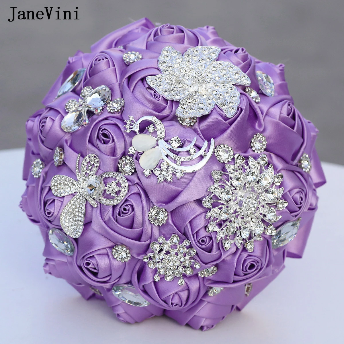 

JaneVini New Light Purple Wedding Flowers Bridal Holding Bouquets Bling Silver Crystal Handmade Satin Roses Bride Brooch Bouquet