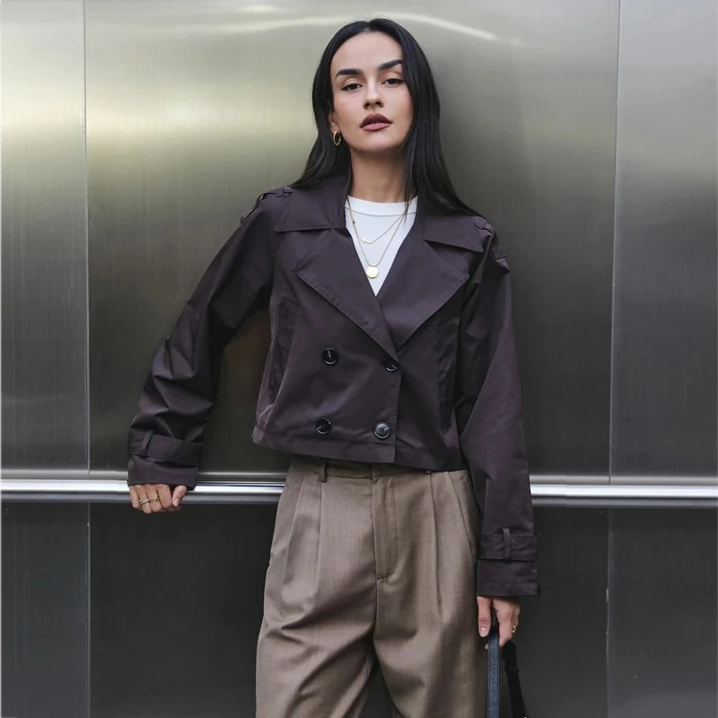 

ZOCI Double Breasted Trench Coat for Women Outdoor Coats Cropped Women's Windbreaker Short Trench Coats for Woman Outerwears