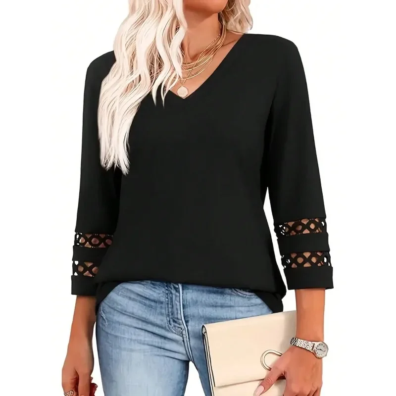 Plus Size 1XL-5XL  Autumn Women's Solid 3/4 Sleeve Hollow Out V-Neck Blouse Tops Ladies Casual Holiday Pullover