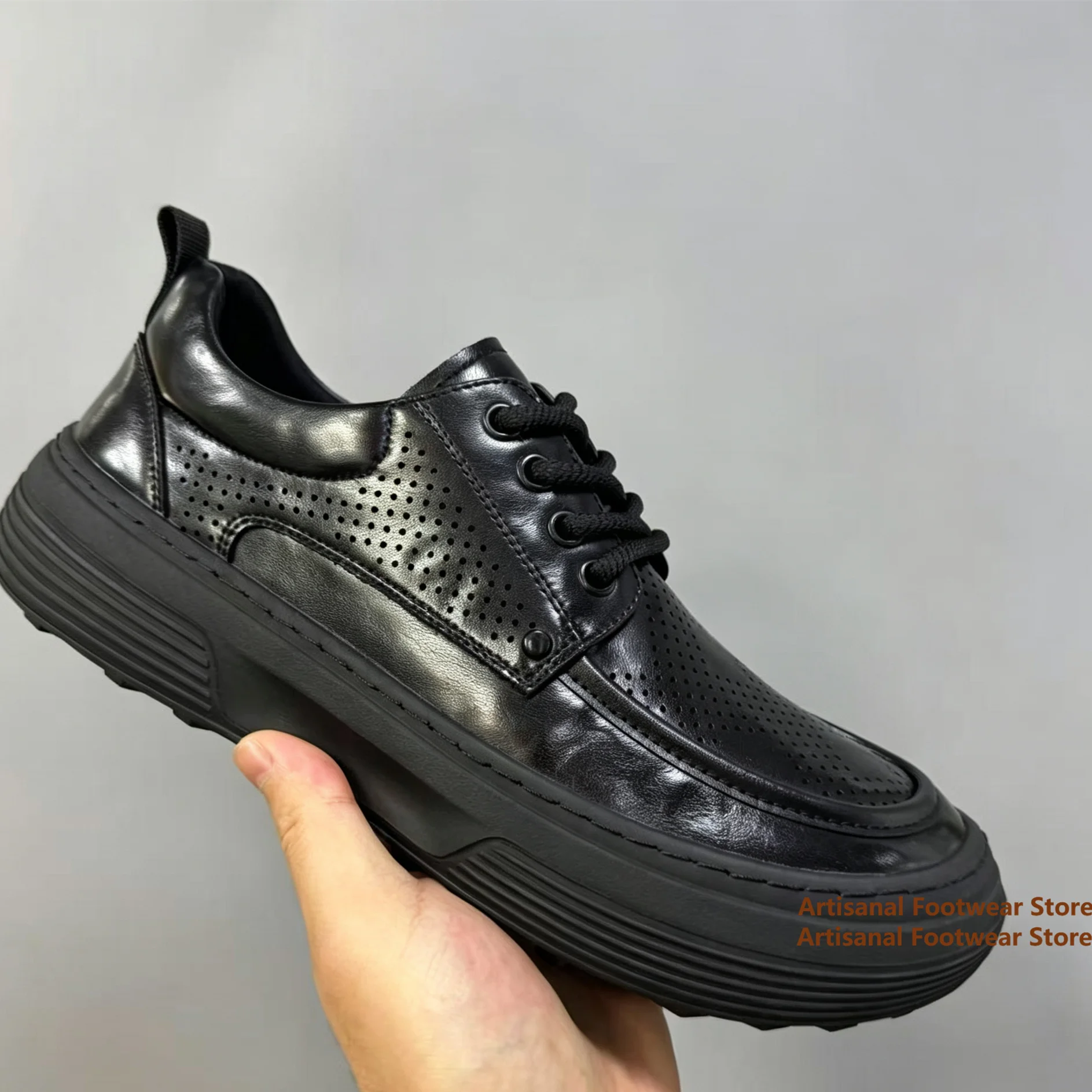 Men Perforated Leather Casual Sneakers Lace-Up Breathable Hollow-Out Thick Platform Sole Black Fashion Daily Walking Shoes