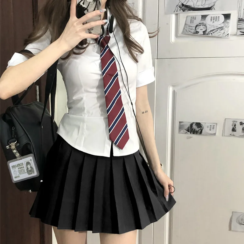 Women's Sexy JK Uniform Summer Bubble Sleeve Slim Fit Shirt Academy Costume Top Skirt Tie Full Set Outfits Pleated Skirts