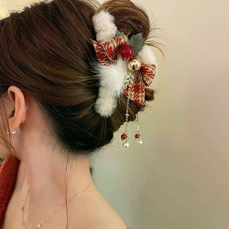 

Christmas Plush Bow Tassel Hair Claw Clips Women-Holidays Christmas Day Thanksgiving Gifts Hair Accessories