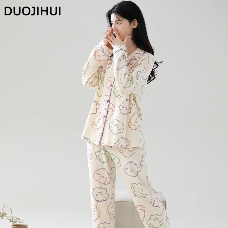 DUOJIHUI Simple Soft Chic Printing Pajamas for Women Autumn Fashion Cardigan Loose Pant Casual Contrast Color Female Pajamas Set