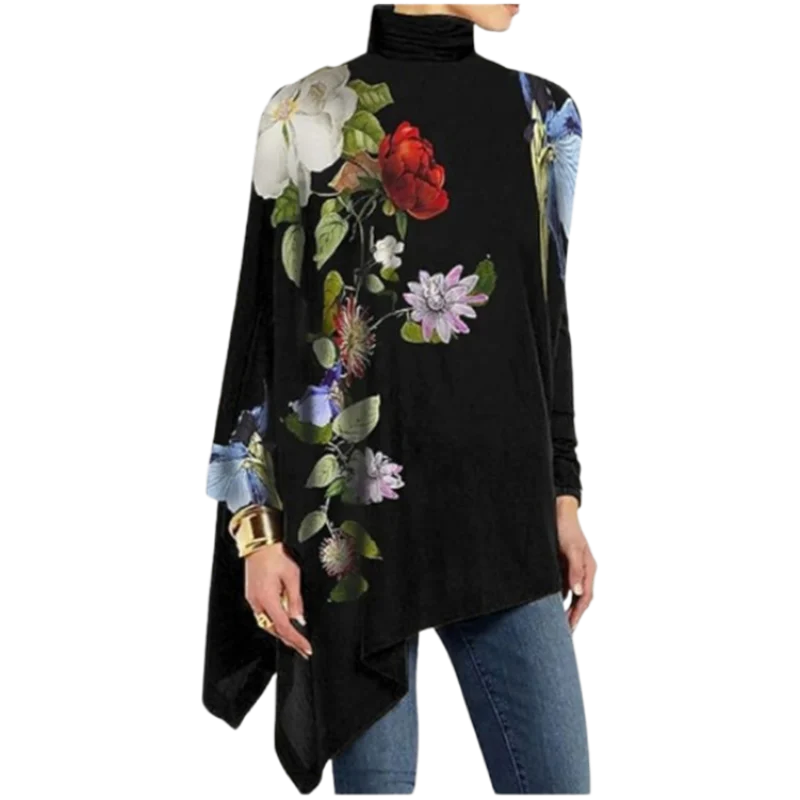 New Rose Printed Long Sleeve Black Top Women\'s Loose T-shirt  Elegant Autumn High Neck Top