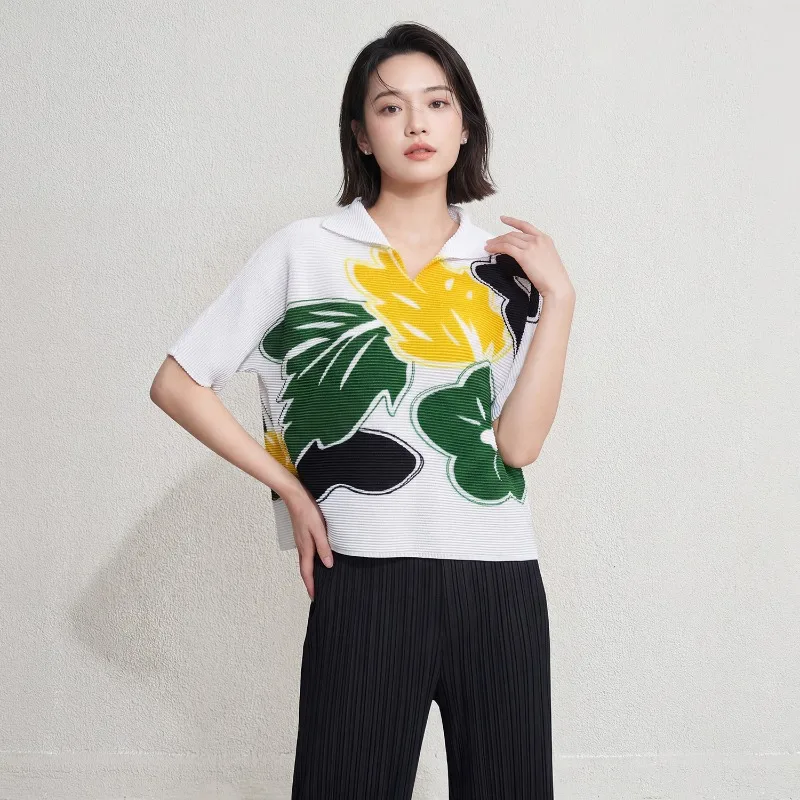 Miyake Pleated T-Shirt with Color-Block Floral Pressed Pleats Women's Niche Design Pleated Commuter Versatile Elegant Top Pleat