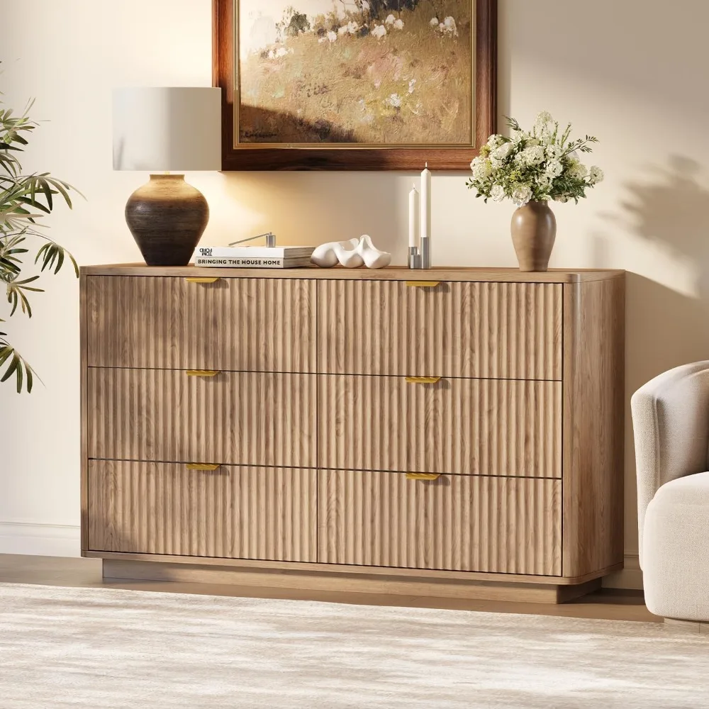 Fluted 6 Drawer Dresser for Bedroom, 52” Wide Modern Chest of Drawers with Metal Handle