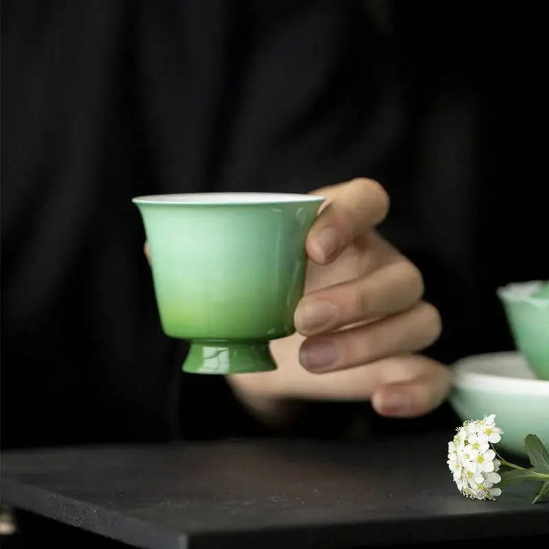 Jade Clay White Porcelain High Foot Tea Cup Kung Fu Teacup Household Jade Green Ceramic Tasting Cup