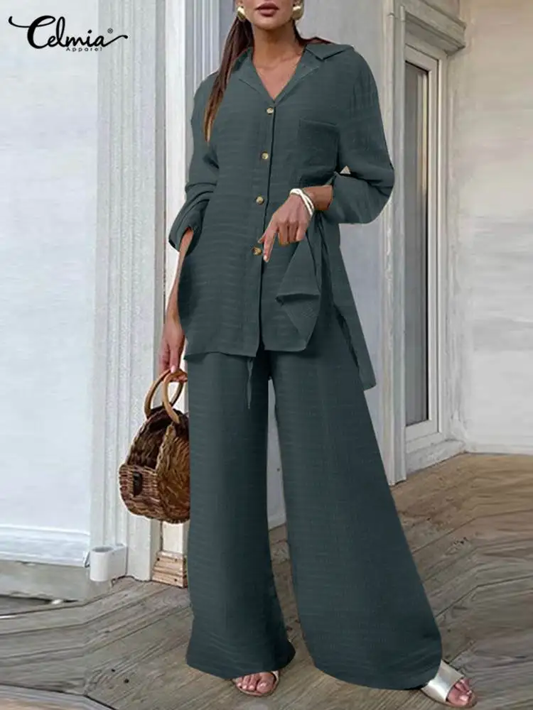 Celmia Women 2 PCS Pant Sets Solid Fashion Lapel Collar Long Sleeves Shirt and Wide Leg Long Sets Casual Loose Pocket Slit Suit