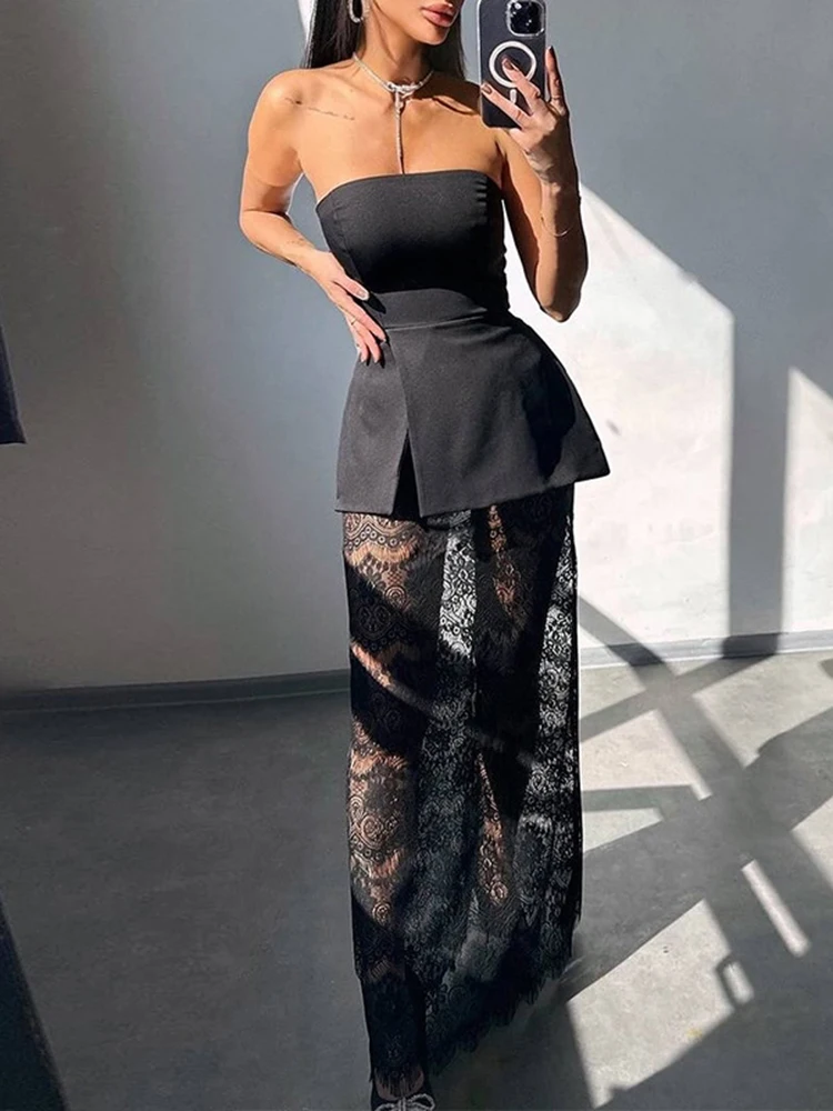 

Ticketsx Women Elegant Dress Set Solid Strapless Split Slim Top High Waist Lace Long Dress Set Backless Party Evening Dress Set