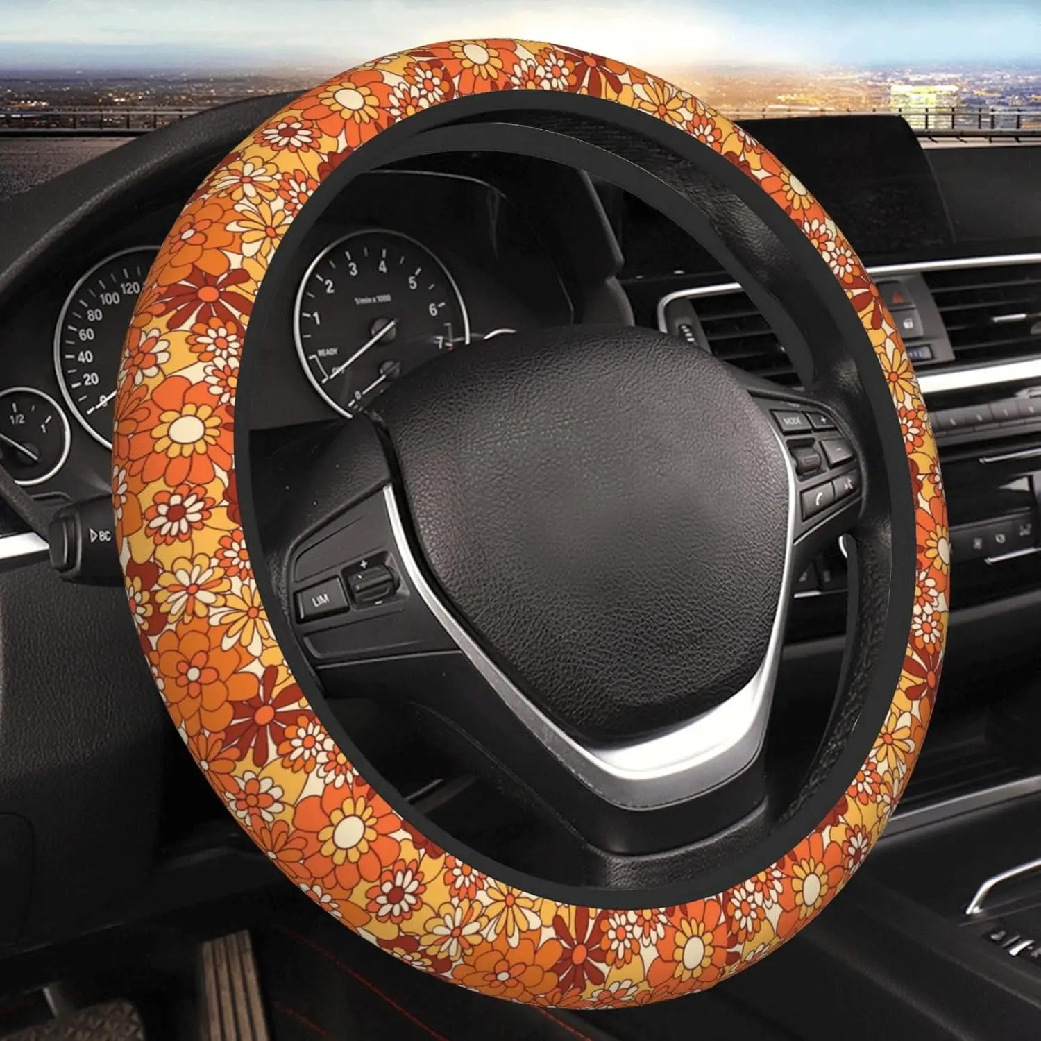 Boho Floral Vintage Hippie Flower Retro Steering Wheel Cover for Women Men Girls Car Accessories Decor Anti-Slip Neoprene Auto S