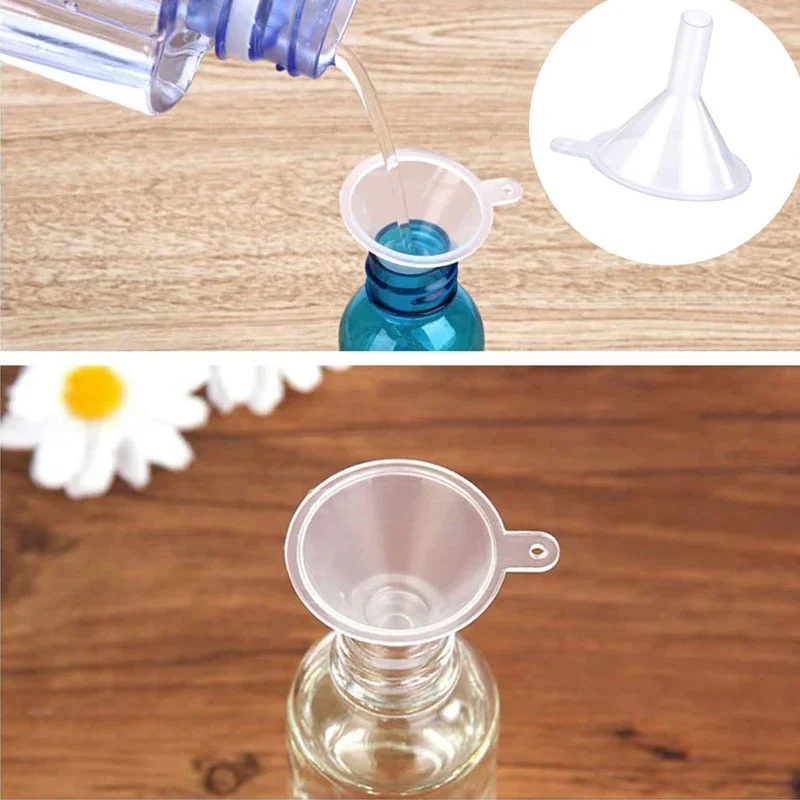 50Pcs Clear Plastic Funnels Mini Funnel for Perfume Fragrance Essential Oils Lab Bottles Sand Art Spices Containers