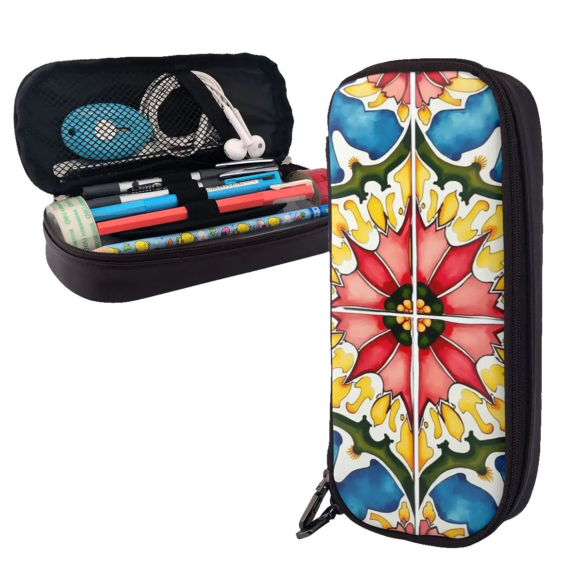 Mediterranean,colorful,vibrant,mosaic Tiles Art Leather Pencil Case Pencil Pouch Large Storage Pen Box Pencil Bag for Boy Girl