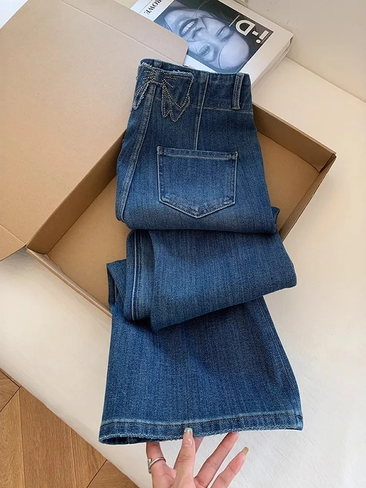 Large Size Jeans 2025 New High Waist Bow Leisure Pants Women Autumn Winter Elastic Slim Straight Denim Flared Trousers Outwear