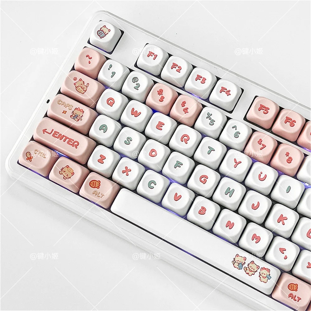 120 Key Light Pink Key Cap MOA PBT Kitten Eat Fish Cute Girl Key Cap for MX Axis Mechanical Keyboard