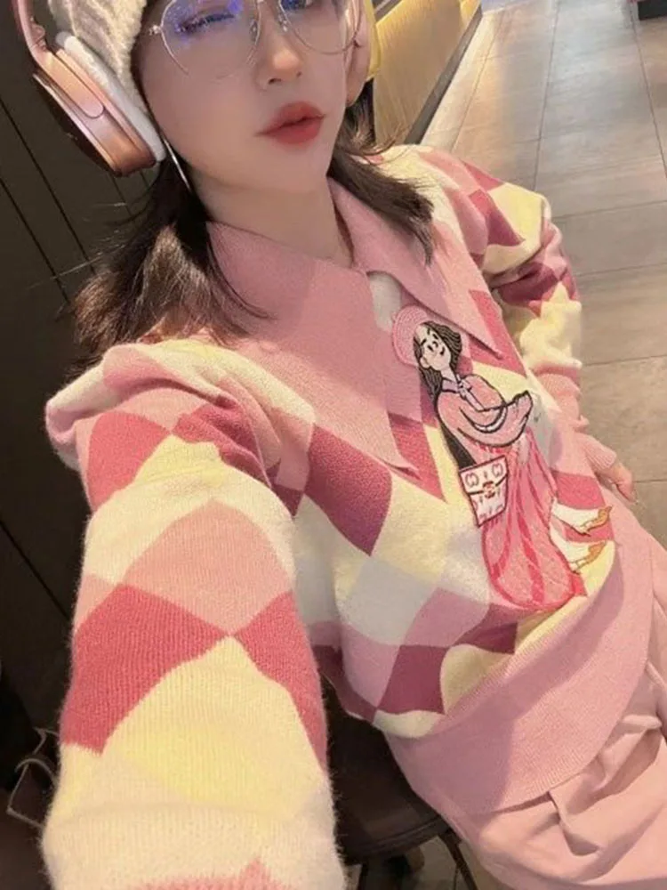 Cartoon Embroidery Knitwear Women Sweater Turn Down Collar Soft Knit Pullovers Female Tops Spring Autumn Knit Jumper Sweater