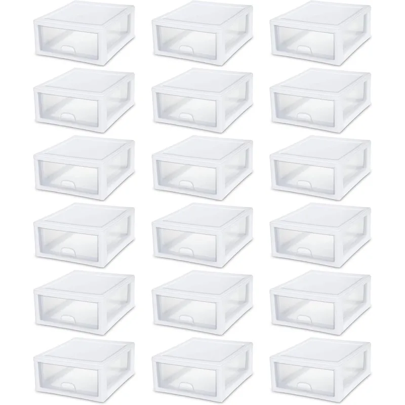 12-Pack Stacking Drawers, Clear Storage Closet Organizer, White Frame, 16 Quart