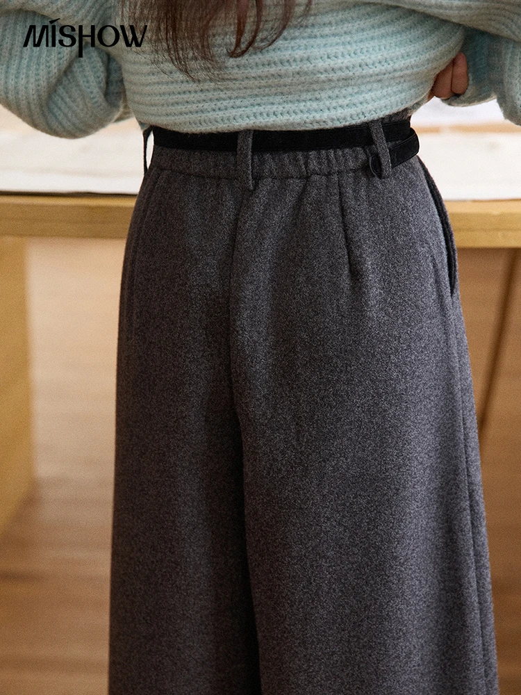 MISHOW Damesbroek 2025, mode, grijze wollen broek met wijde pijpen, hoge taille, cropped retrostijl, woon-werkbroek, warm MXE90K1128