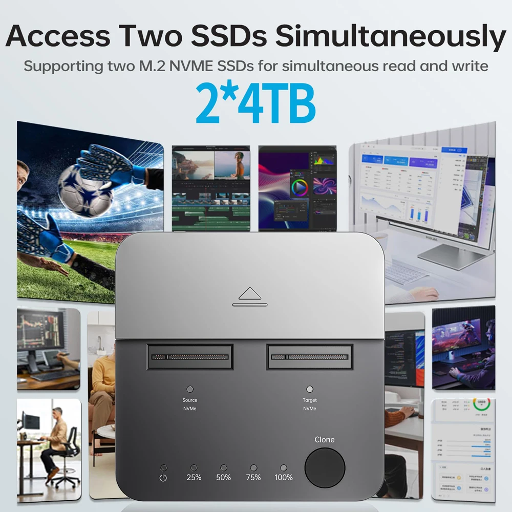 SSK NVMe SSD Cloner Dual-Bay M.2 NVME SSD Enclosure Tool-Free Type-C 20Gbps Hdd Docking Station Supports Offline Clone for PC