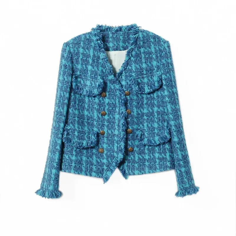 

Vintage Blue Tweed Jacket Designer Women Clothing Autumn Winter Coat Blazer Office Lady Korean Chic Fringe Buttons Luxury Coats