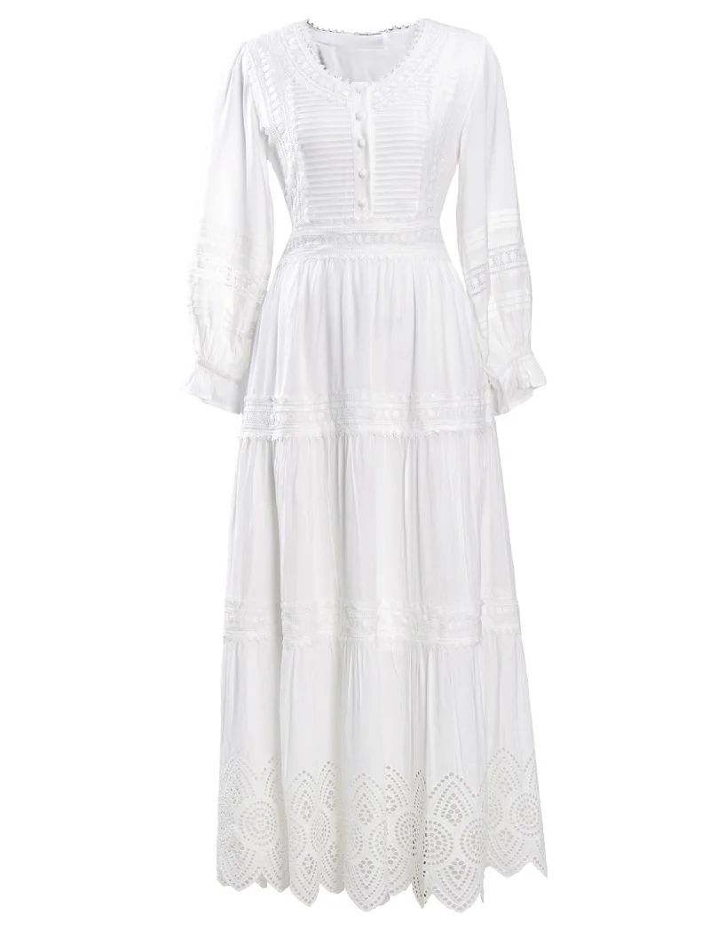 Imagem -05 - Vestido Branco Longo 2023 Moda Feminina Rendas Bordado Túnica Botão Deco Lanterna Manga Casual Maxi Vestido xl Alta Qualidade Novo