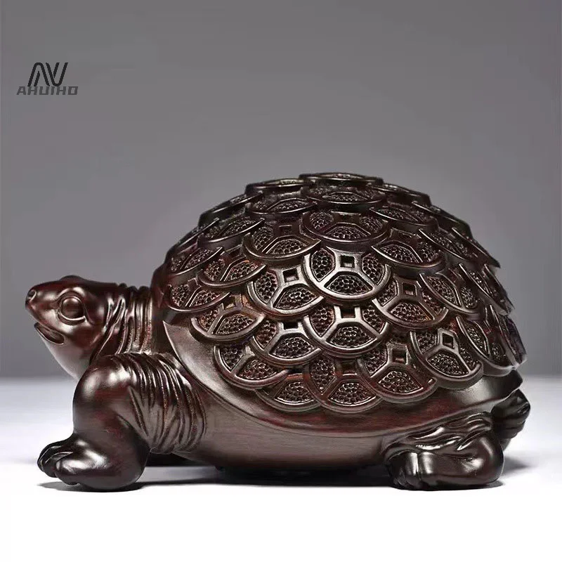 1PC Money Tortoise Solid Wood Carving Office Decoration Decor Home Wooden Animal Figurine Mini Crafts Propitious Gift