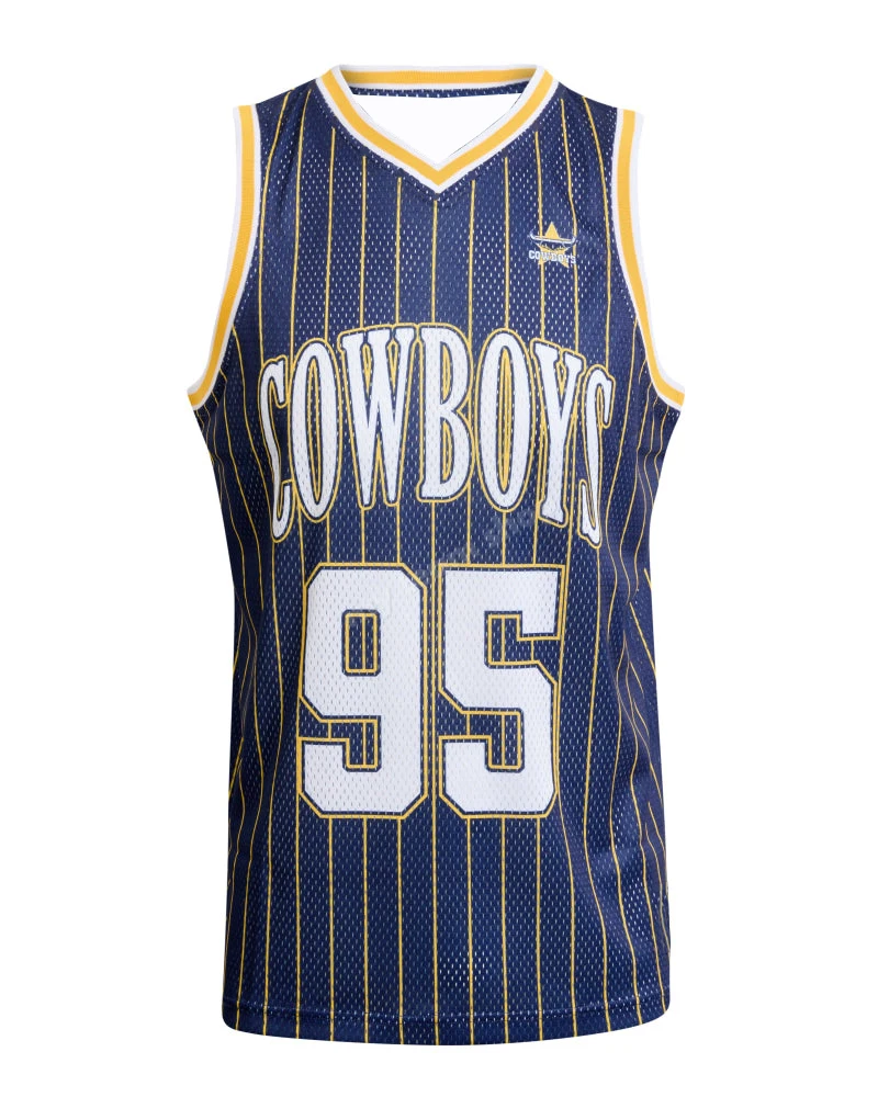 Männer Frauen Kinder NRL Cowboys 95 # Retro-Basketball-Tanktop in Marineblau, ärmelloses Jersey, Vintage-Nadelstreifen-Design, Trainings- und Fan-Sport-Tanktop – Detail 3