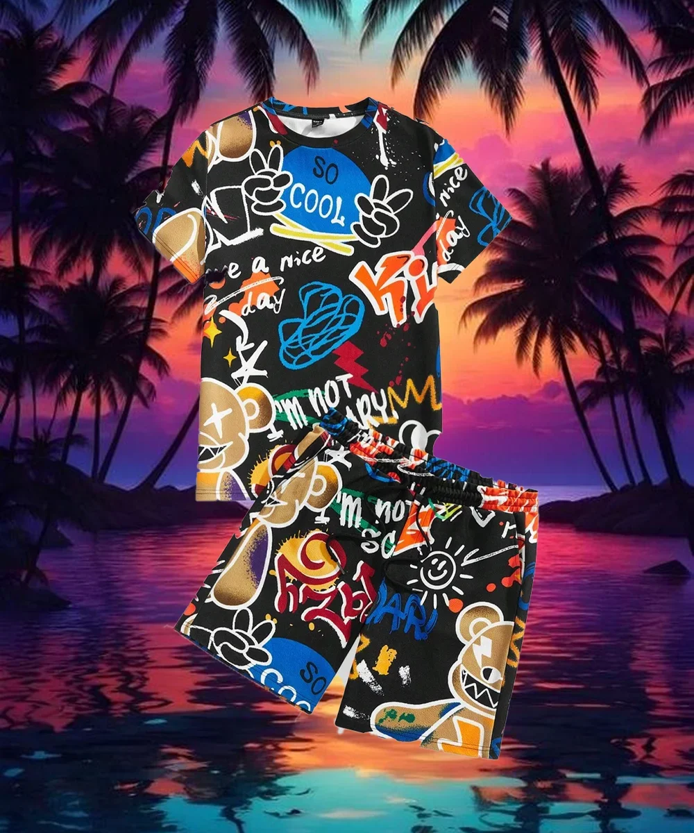 

2025 Мужской комплект с 3D принтом, модная футболка, повседневные уличные пляжные шорты, мужская футболка с короткими рукавами и шорты, летний комплект