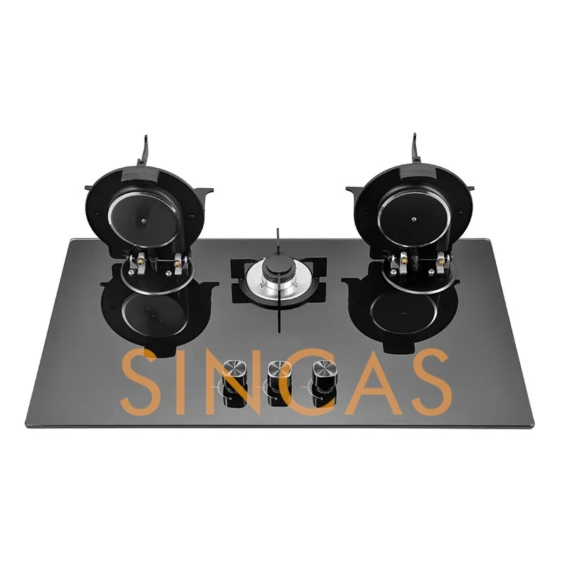 الوجه العلوي موقد النار العالي جزءا لا يتجزأ من موقد غاز زجاجي 5.2KW شرسة النار الغاز المسال/الغاز الطبيعي المنزل والتجاري 3-موقد