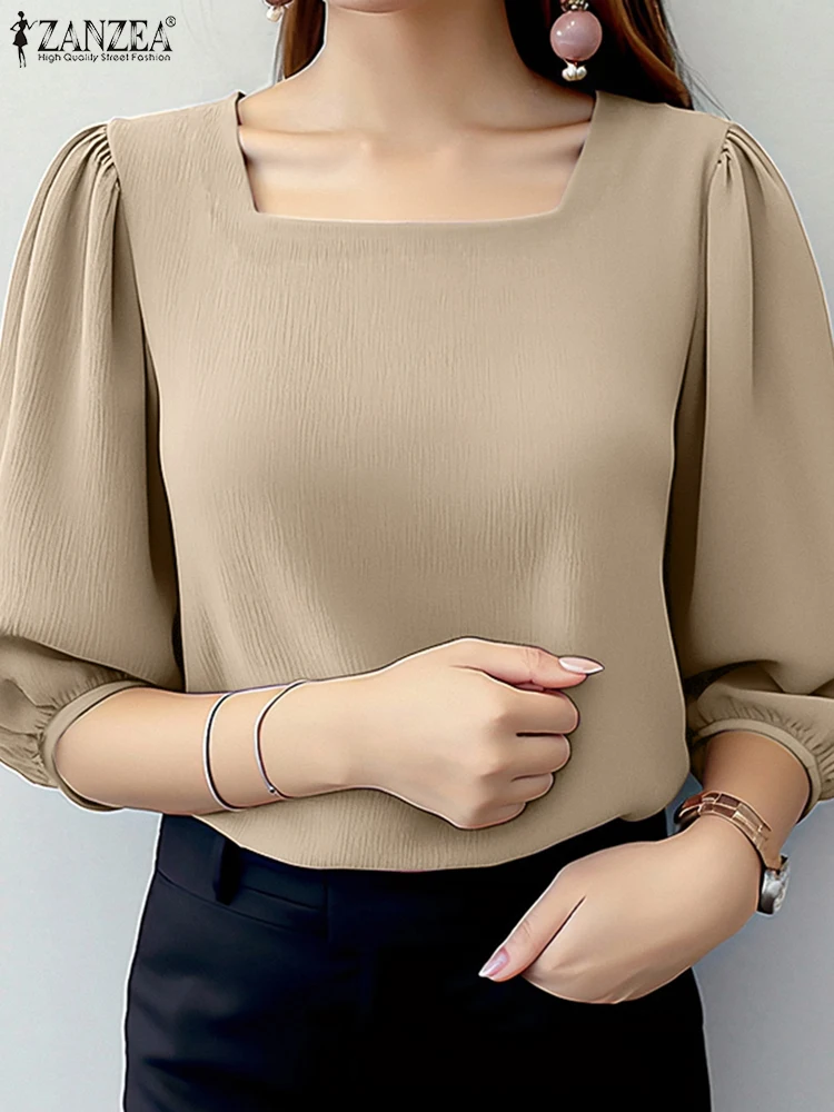

2025 ZANZEA Summer Office Work Blouse Women Square Neck Tops Tunic Elegant Short Puff Sleeve O Neck Blusas Fashion Solid Shirt