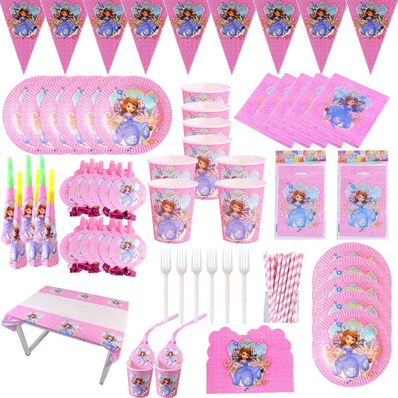 121pcs/set Sofia Princess Theme Party Tableware Set Girl Baby Shower Birthday Party Decor Plates Cups NapkinsParty Supplies