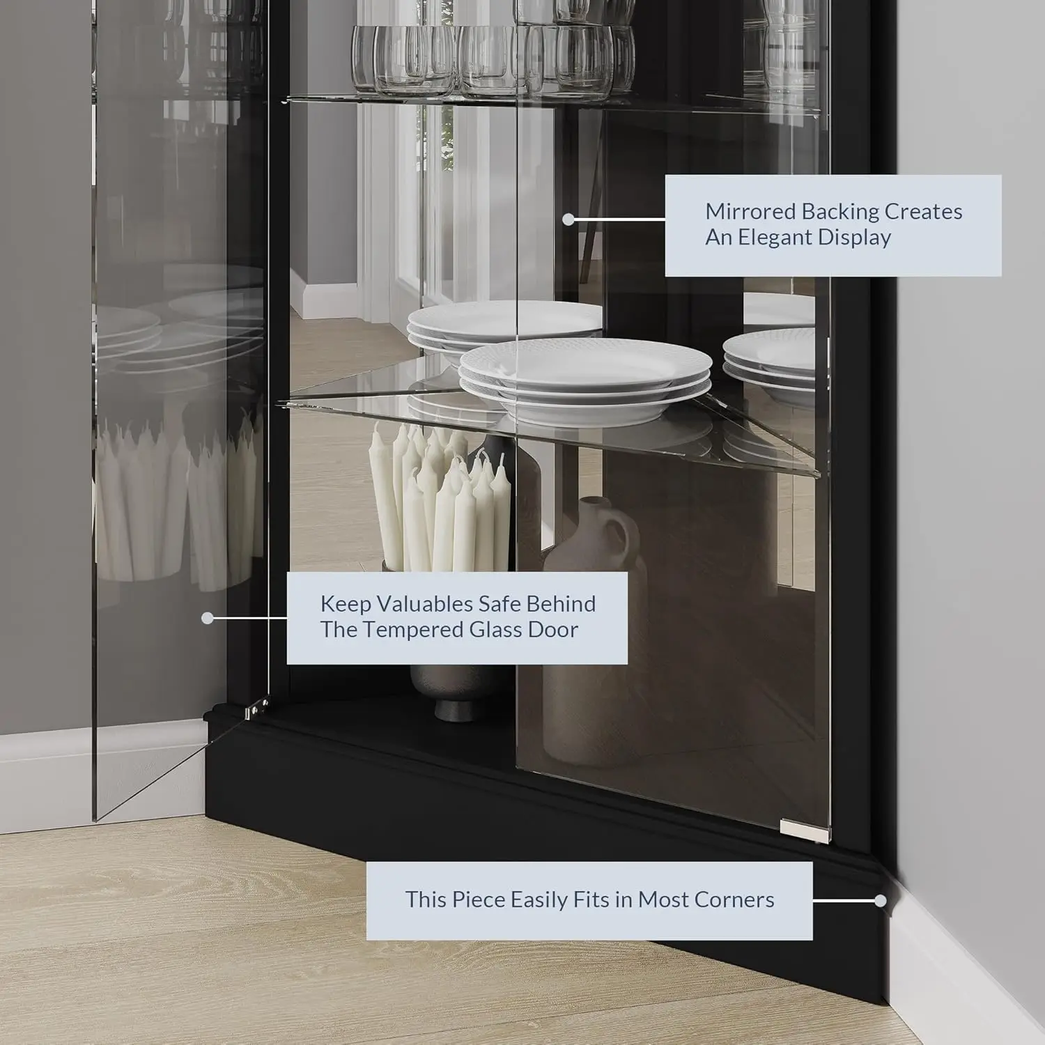 Beleuchteter Akzent Eck vitrine mit Türen und Regalen aus gehärtetem Glas, klassischer Holz schrank mit Glühbirne