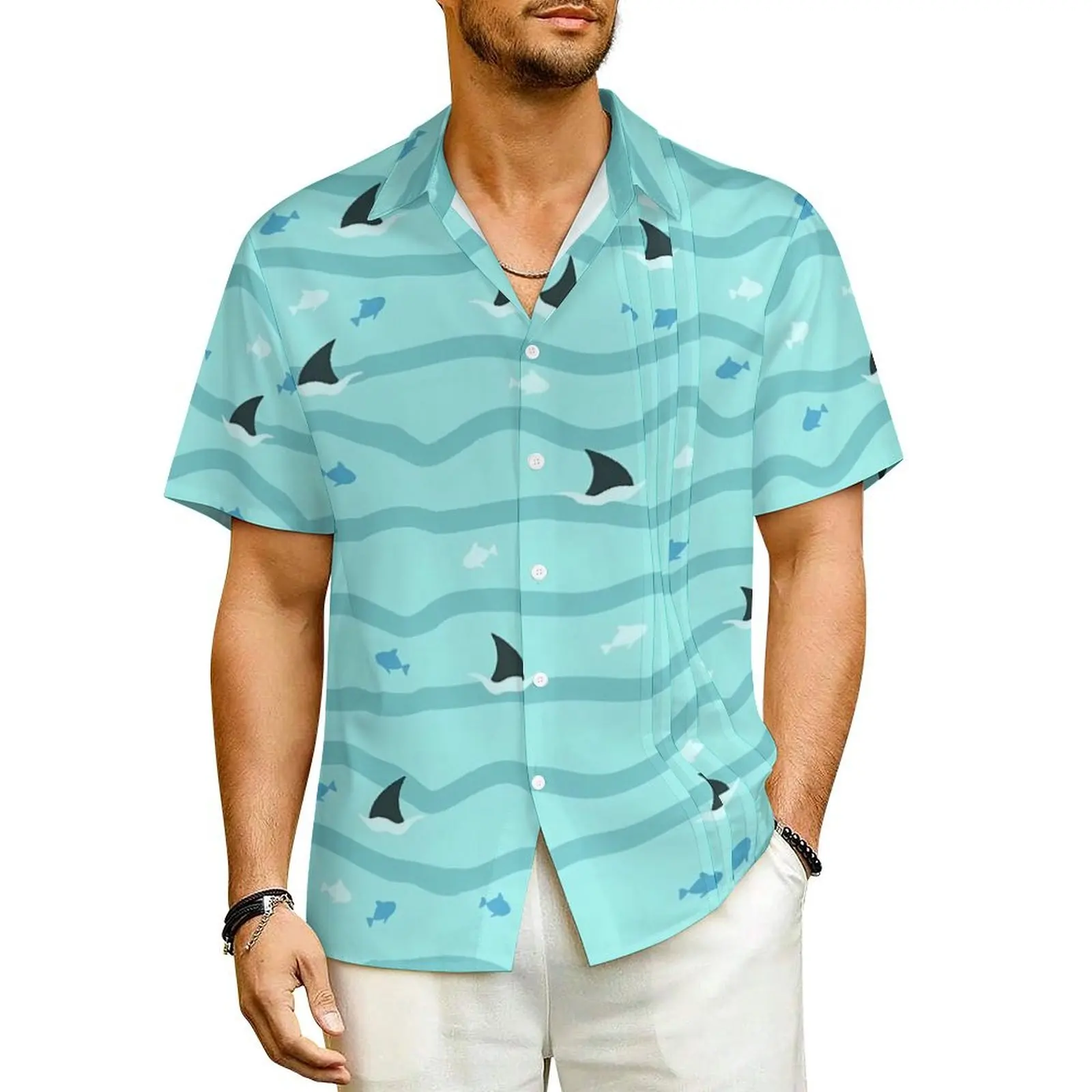 

Waves And Shark Fin Print Beach Shirt Men Classic Casual Shirts Hawaiian Short Sleeve Comfortable Plus Size Blouses Gift