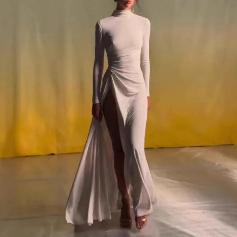 

Роскошное вечернее платье по индивидуальному заказу, сексуальное платье с высоким воротом и длинными рукавами, с металлической пряжкой, с высоким разрезом и складками, последние модели жемчуга