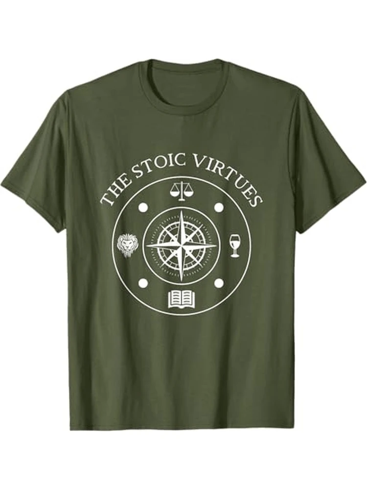Stoic Virtues-Marcus Aurelius & Seneca Philosophy-Ancient Roman Stoic Compass Design-100% Cotton O-neck Printed Men's T-shirt.