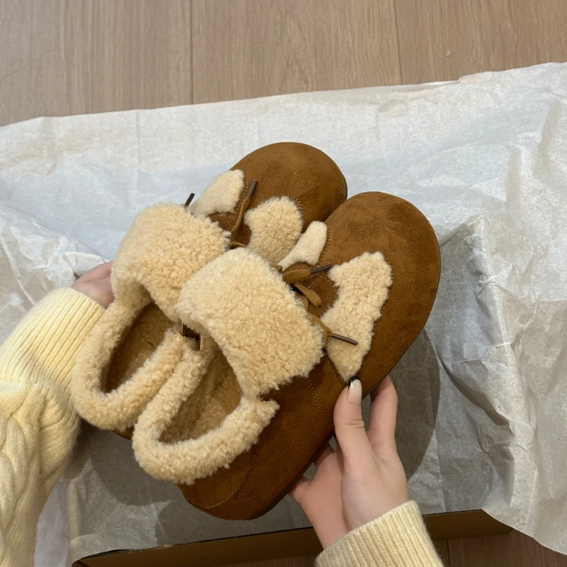 

Vintage Fur Lining Women Loafer Flats Shoes Concise Round Toe Slip On Snow Shoes Autumn Winter Comfort Warm Cotton Ladies Shoes