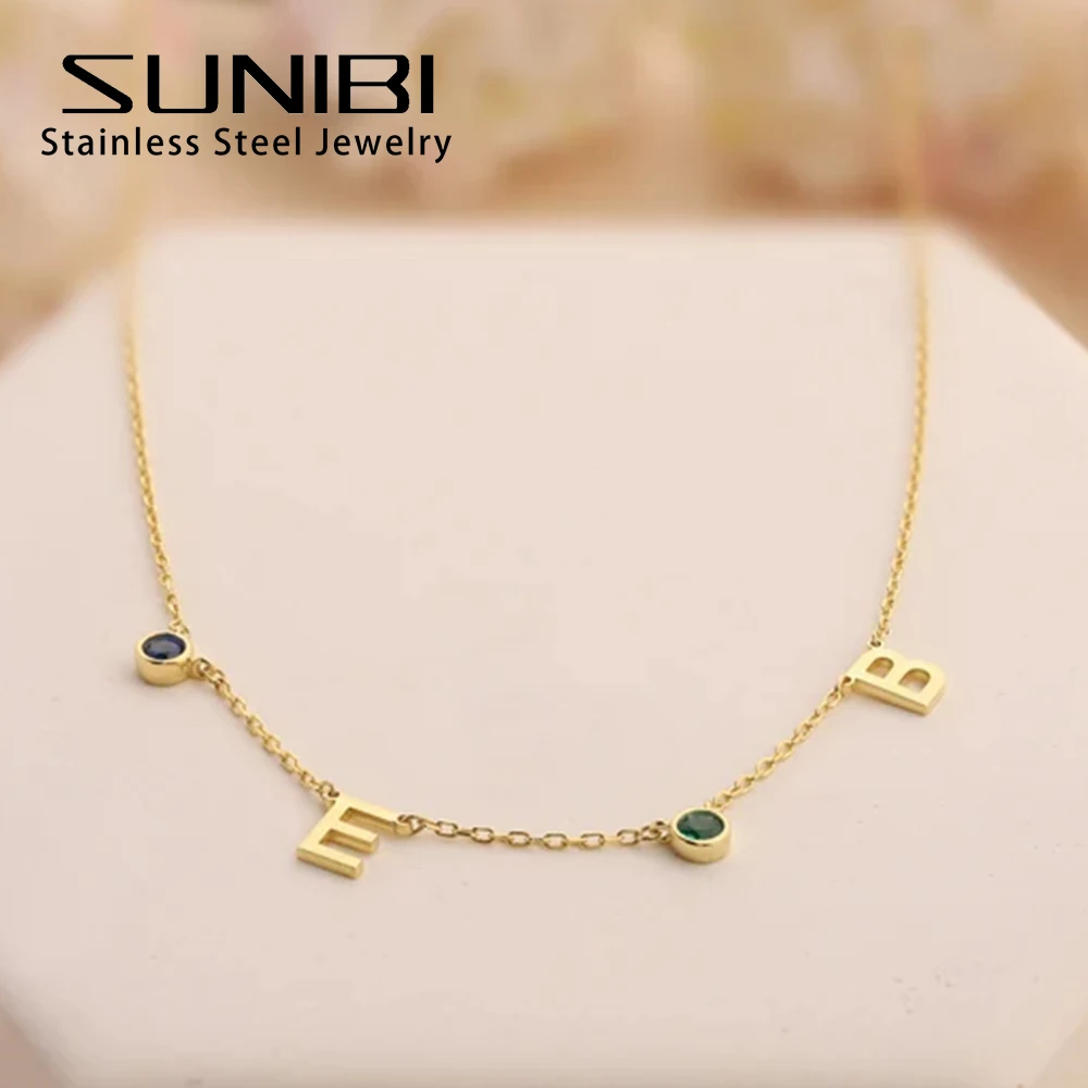 SUNIBI Name Customized Necklace DIY Birthstone 26 Letter Side Pendant Necklaces for Women Birthday Gift Jewelry Dropshipping