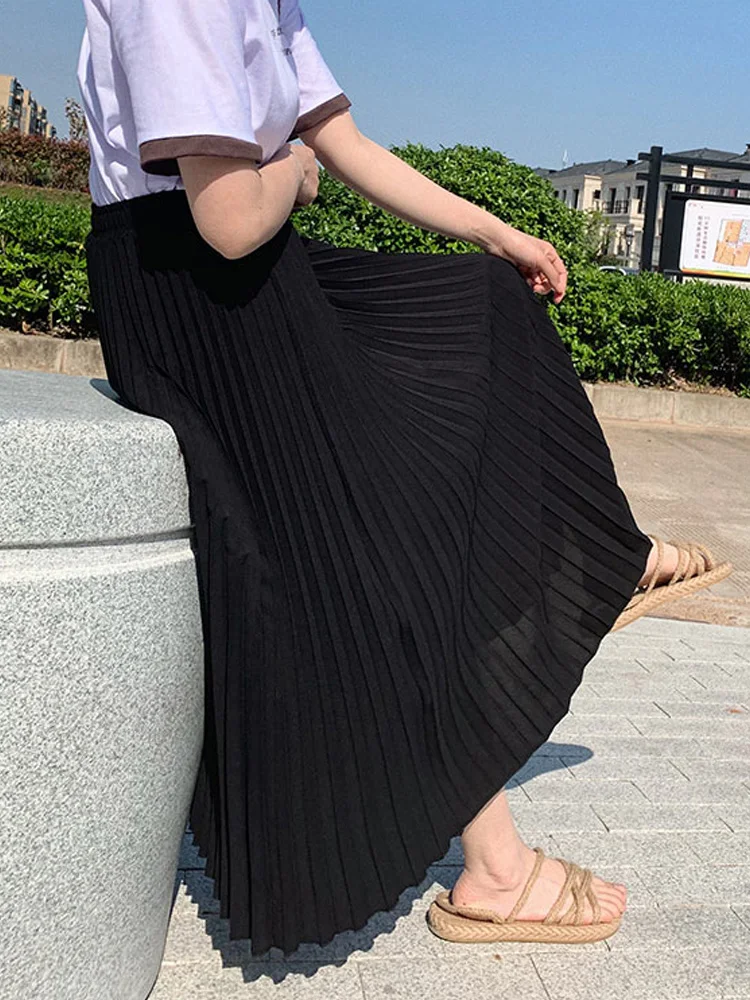 Womens Chic Pleated Swing Long Skirt with Liner Korean Fashion Kawaii Elastic High Waist OL Chiffon Shirring Mermaid Skirts K77